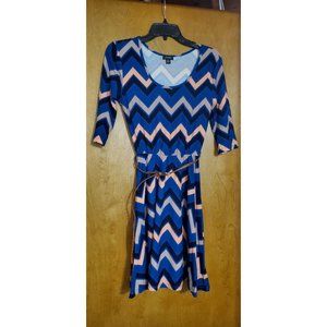 Blue, Tan, Peach, Teal Dress zig zag stripes w/belt